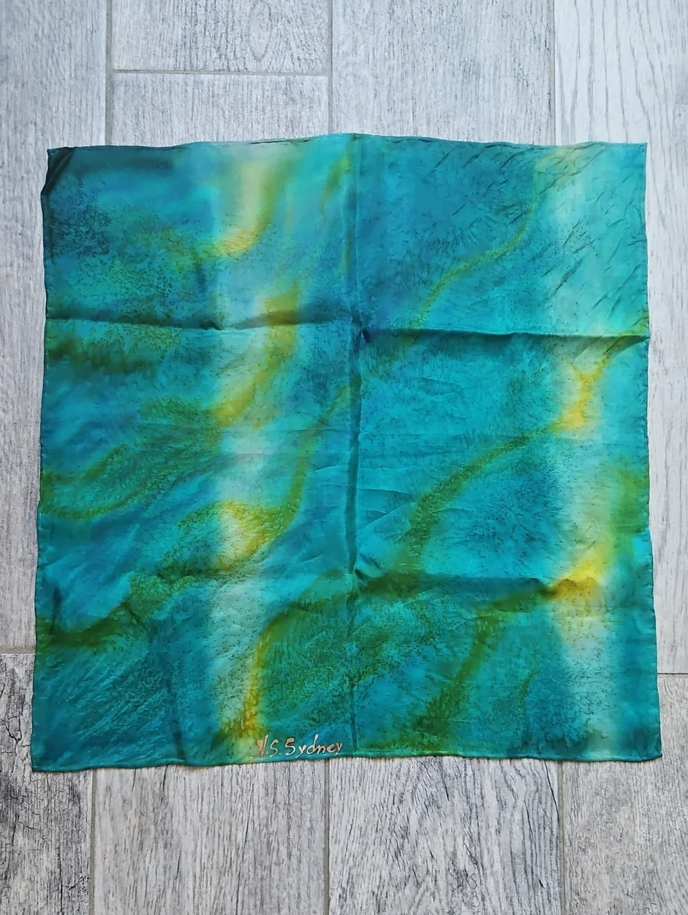 Handpainted Teal & Green Silk Accent Scarf -